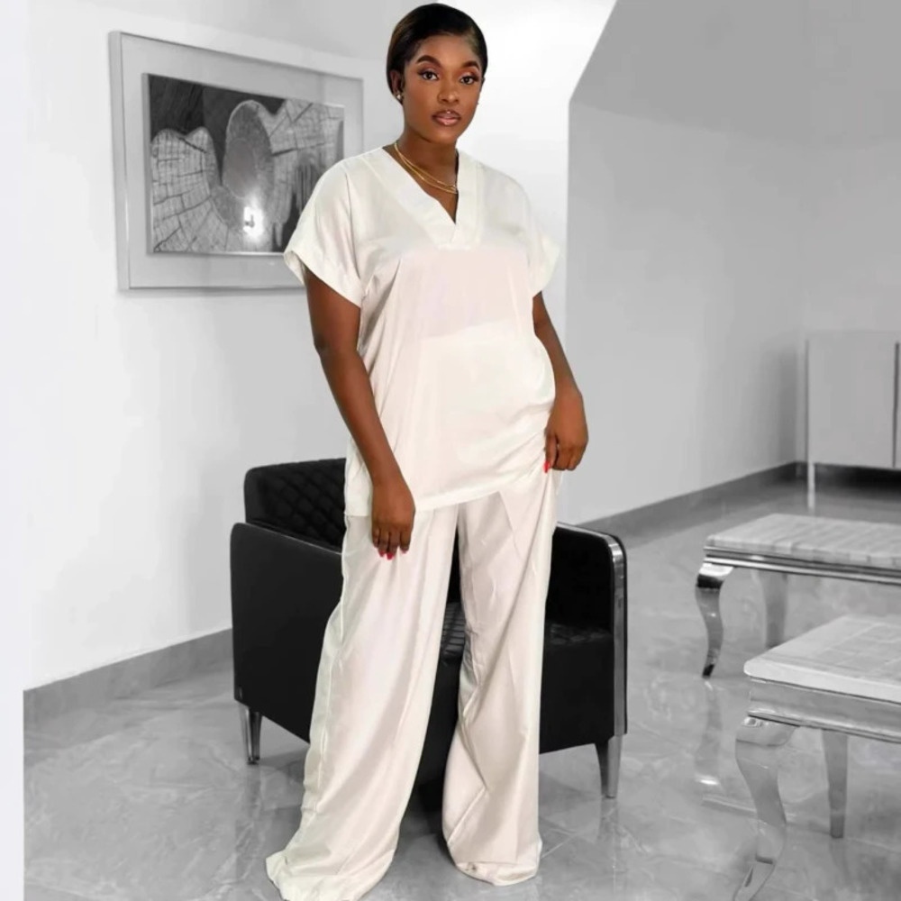 ZARA African Short Sleeve Casual Solid Top Straight Leg Pants Set